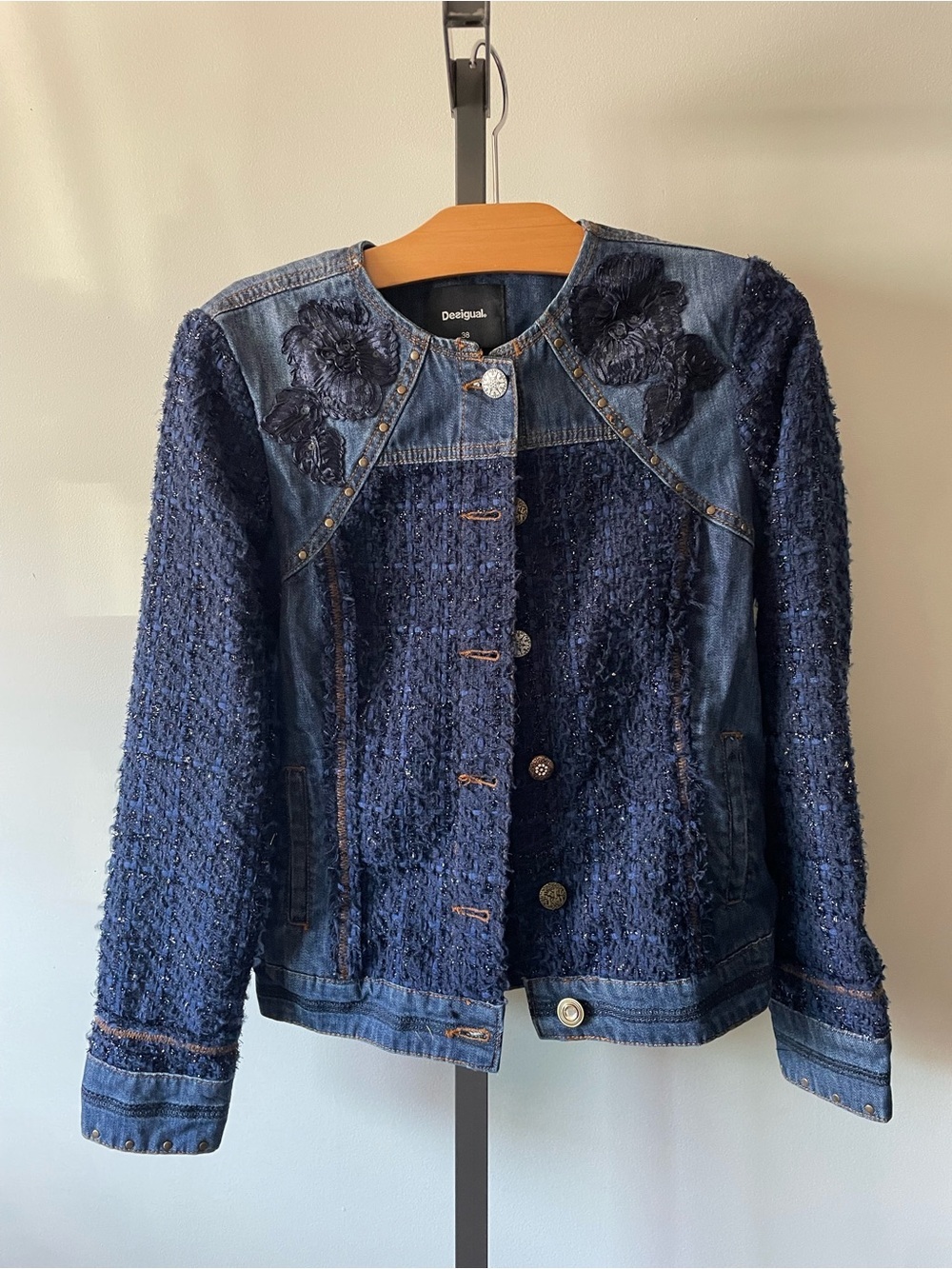 Desigual Exotic Denim Tweed Jean Jacket 3D Floral Mixed Media Size 38
